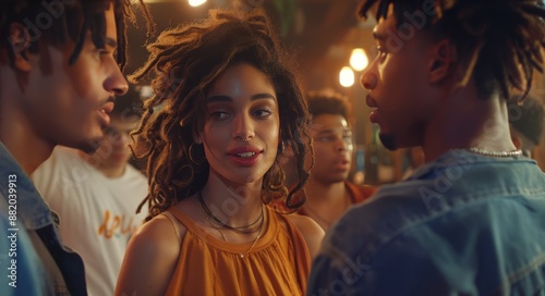 Young Woman Smiles at Two Men in a Bar at Night