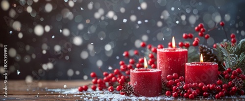 Burning Candles In A Snowy Winter Wreath