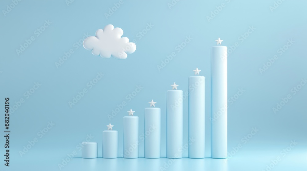 A blue background with a cloud and a series of white cylinders with stars on top A blue background with a cloud and a series of white cylinders with stars on top