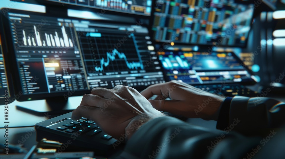 Close-up of Hands Typing on a Keyboard with Stock Market Data in the Background Close-up of Hands Typing on a Keyboard with Stock Market Data in the Background