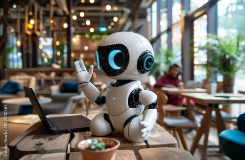 White Robot Waving at a Cafe Table With a Laptop