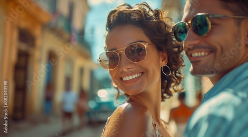 Smiling Couple Wearing Sunglasses on a Sunny Day in Havana, Cuba