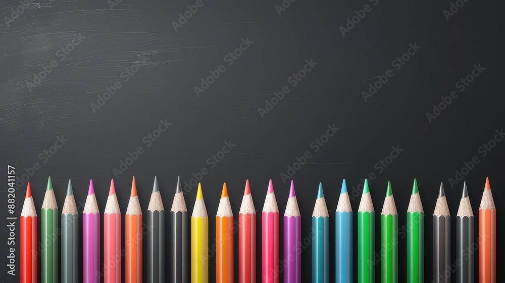 A row of colored pencils on a black background A row of colored pencils on a black background