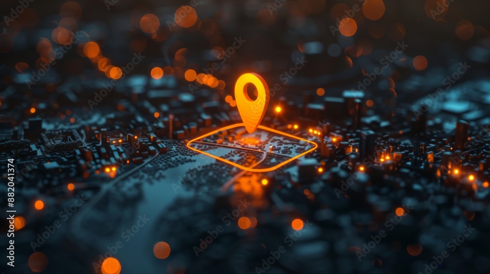 Glowing orange location pin on a futuristic, networked city map background depicting navigation and technology. Glowing orange location pin on a futuristic, networked city map background depicting navigation and technology.