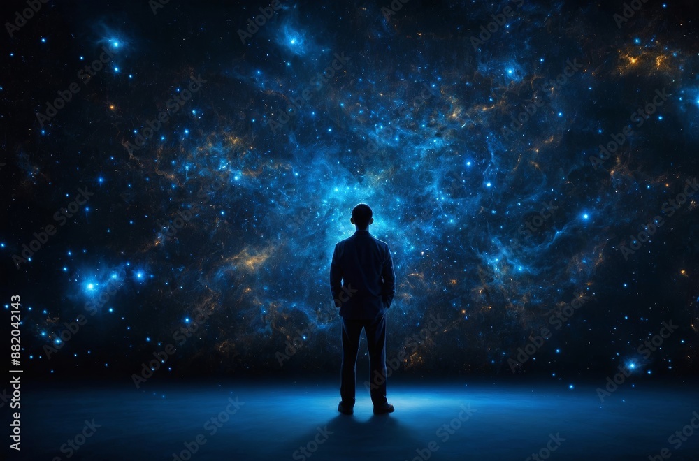 Silhouette of man standing with swirling nebula of stars creating sense of awe and wonder Silhouette of man standing with swirling nebula of stars creating sense of awe and wonder