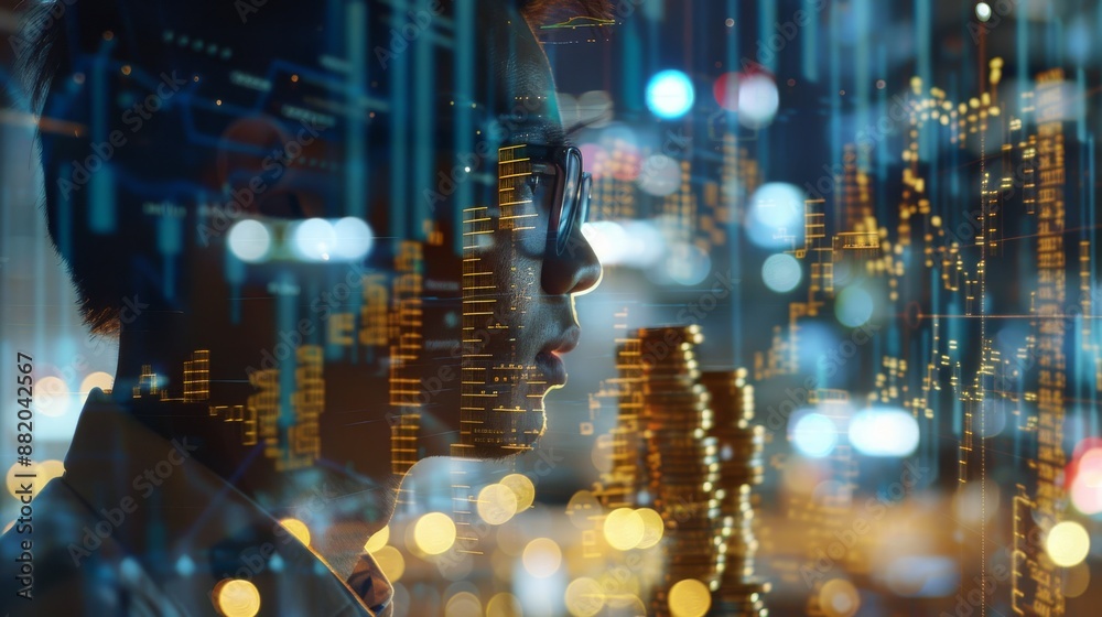 Man Gazing at a City Skyline through a Digital Interface