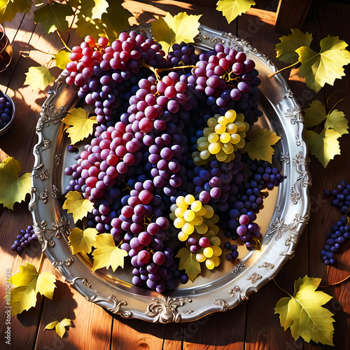 Purple and grey grapes withleaves placed on a silver tray, photoed from above photo