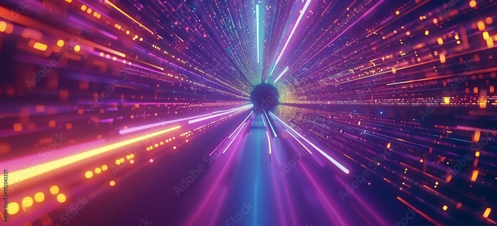 Lightspeed, hyperspace, space warp background. Light streaks gather towards the event horizon. Stock image.