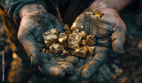 A bunch of gold ore on a man's palm. Men use handles of pure gold minerals found in gold mines. 