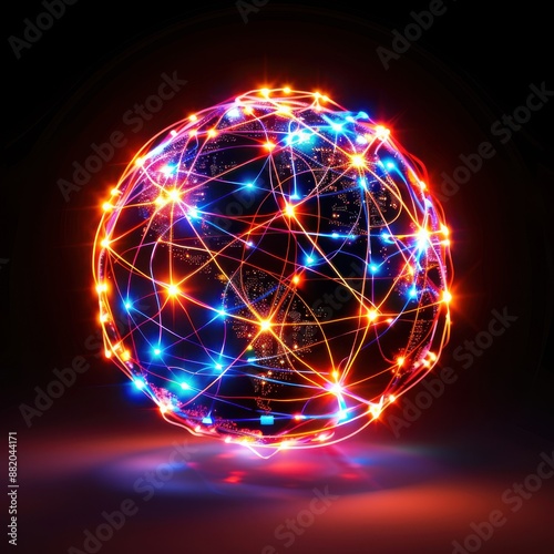 Abstract tech sphere with interconnected nodes and glowing circuits, high detail and vivid colors