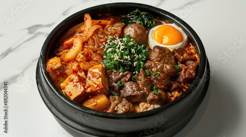 Haemultang korean food with accompaniments in a black bowl, looks delicious on a clean white background.