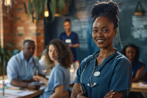 Nurse doctor helping elderly woman in retirement home nursing African American black portrait doctor at home