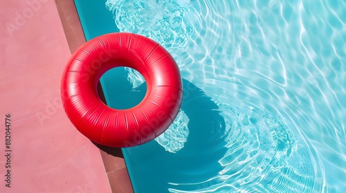 Top View of a red inflatable Ring by the Poolside. Colorful Summer Background