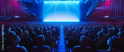 A movie theater features a live unveiling of a high-tech smartphone device. photo