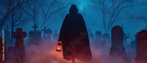 Silhouette of a hooded figure holding a lantern in a misty graveyard, creating an eerie and mysterious atmosphere photo