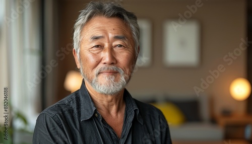 50 year old smiling adult Asian man on beige monochrome background, male portrait