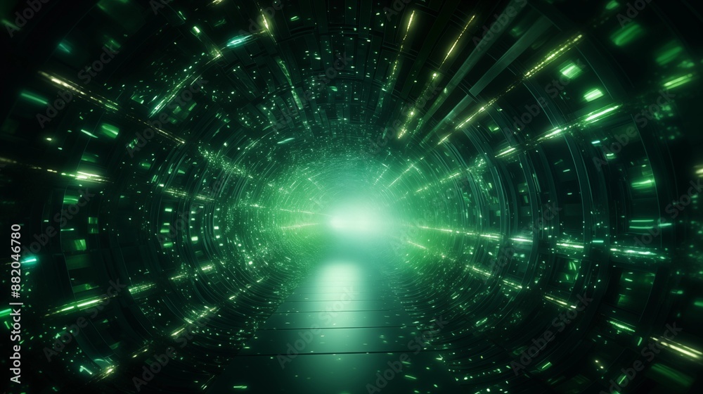 Fototapeta premium Abstract Futuristic Green Tunnel with Digital Glowing Lights