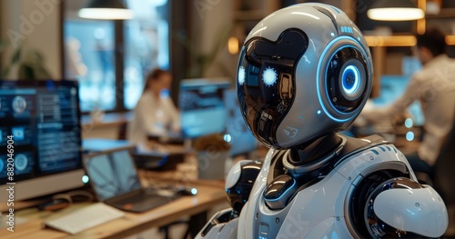 White Robot in Modern Office Setting During Daytime