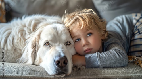 Young Boy Resting His Head On White Dog In Living Room During The Day