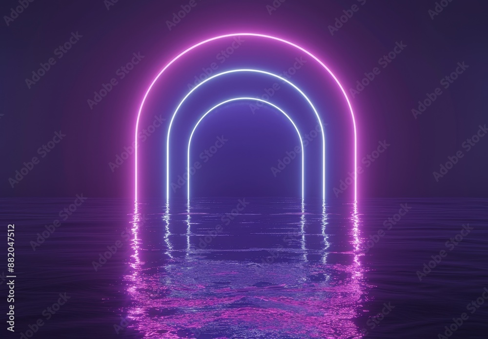 Rendering in 3D, abstract neon background, mysterious landscape with pink blue glowing arc, ultraviolet light, virtual reality Rendering in 3D, abstract neon background, mysterious landscape with pink blue glowing arc, ultraviolet light, virtual reality