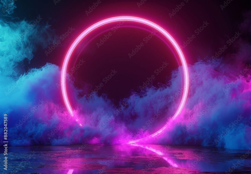 The rendering shows an abstract pink blue neon background with glowing rings, ultraviolet light, laser show, wall reflection, and a round blank frame surrounded by pink neon lights The rendering shows an abstract pink blue neon background with glowing rings, ultraviolet light, laser show, wall reflection, and a round blank frame surrounded by pink neon lights