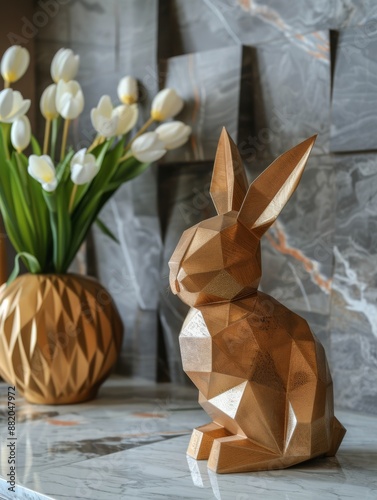 Golden Geometric Rabbit Figurine on Marble Tabletop With White Tulip Bouquet