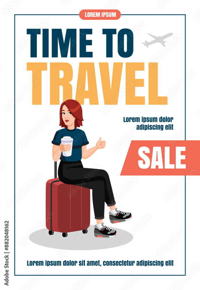 Obraz premium Young woman sitting on suitcase showing thumbs up. Flat design, cartoon style. Vector illustration. Travelling concept flyer, banner, promo, advertising, leaflet. Airplane Tickets sale