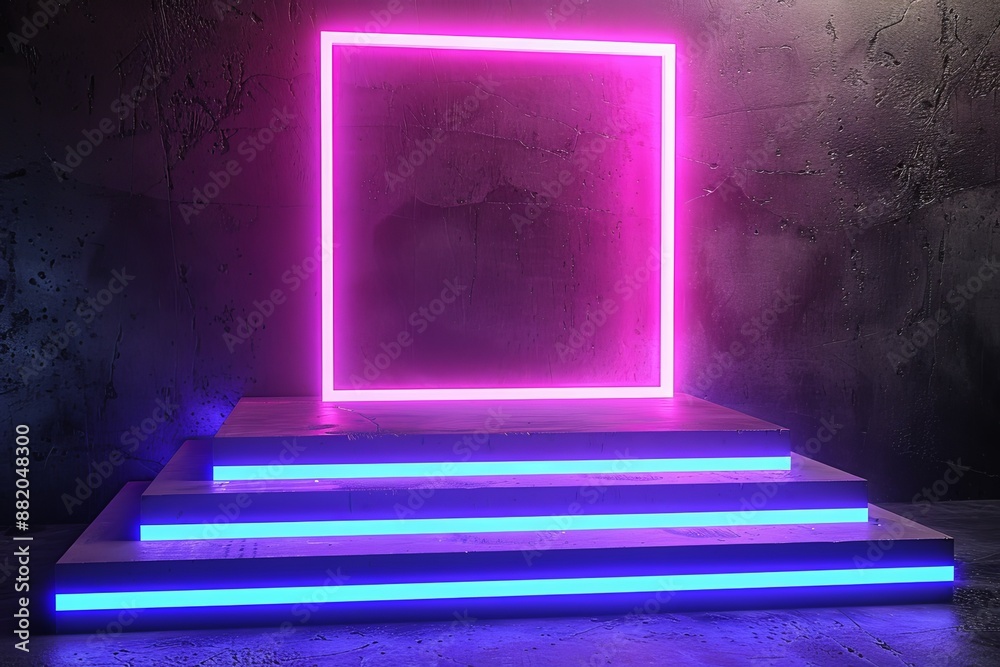 Fototapeta premium Animated 3D render of abstract pink blue violet neon background, music performance stage, glowing rectangular arch over stairs, blank banner, ultraviolet spectrum, laser show.
