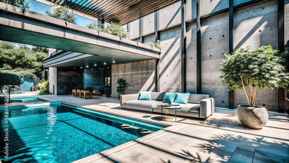 Obraz premium a modern architectural space with concrete walls and natural decoration, luxury home