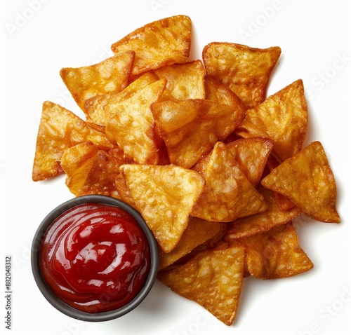 Tortilla Chips With Ketchup Dip On White Background