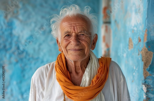 Elderly Man With White Hair and Beard Wearing Orange Scarf and Holding a Wood...