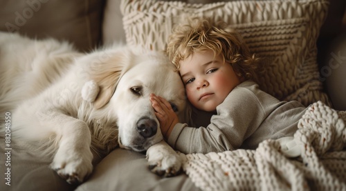 Young Boy and His White Dog Napping on a Couch