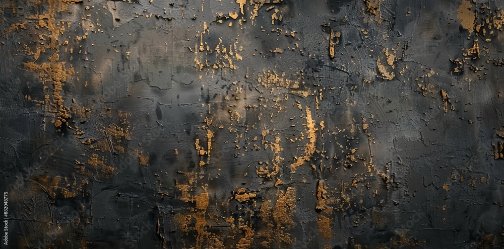 A close up of an abstract rough dark gold black art painting texture with acrylic paint applied to canvas with a palette knife and geometric spatula technique with rectangles. A close up of an abstract rough dark gold black art painting texture with acrylic paint applied to canvas with a palette knife and geometric spatula technique with rectangles.