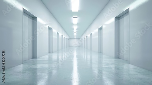 A large, empty hallway with white walls and a white floor