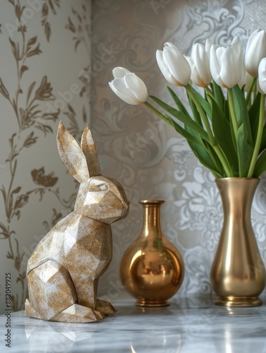 Geometric Rabbit Decoration With Tulips in a Vase
