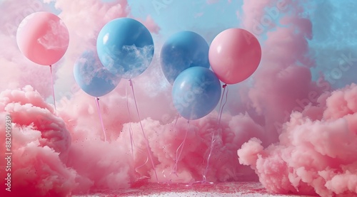 Pink And Blue Balloons Floating In A Cloud Of Smoke