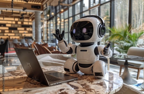 White Robot Waving at a Cafe Table With a Laptop