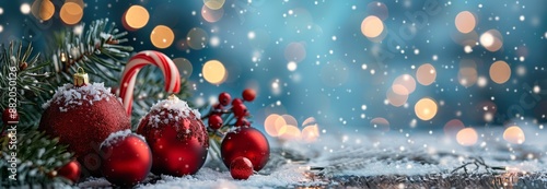 Snowy Christmas Ornaments and Candy Cane on Winter Tabletop