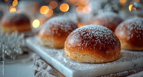 Deliciously Glazed Buns With Powdered Sugar on a White Surface