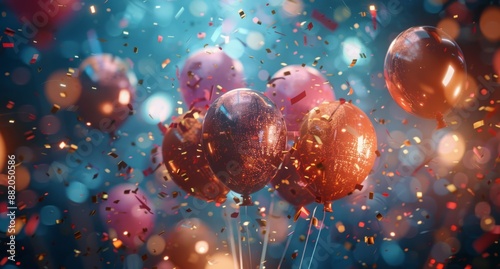Colorful Balloons and Confetti Falling Against a Blue Background