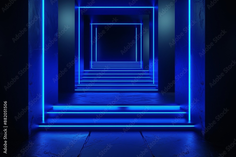 3D renders of an abstract blue neon background, glowing vertical lines, illuminated stairs, a fashion podium, and a performance stage 3D renders of an abstract blue neon background, glowing vertical lines, illuminated stairs, a fashion podium, and a performance stage