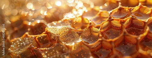 Close-Up View of Honeycomb Filled With Golden Honey in the Sunlight