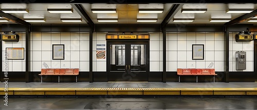 Fototapeta Naklejka Na Ścianę i Meble -  Empty subway station with clean tiled wall and floor in 3D rendering.