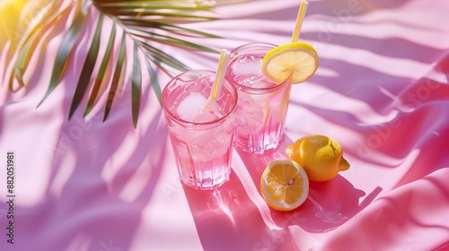 Assorted cold beverages with citrus fruits, and ice on a pink background. Copy space for text