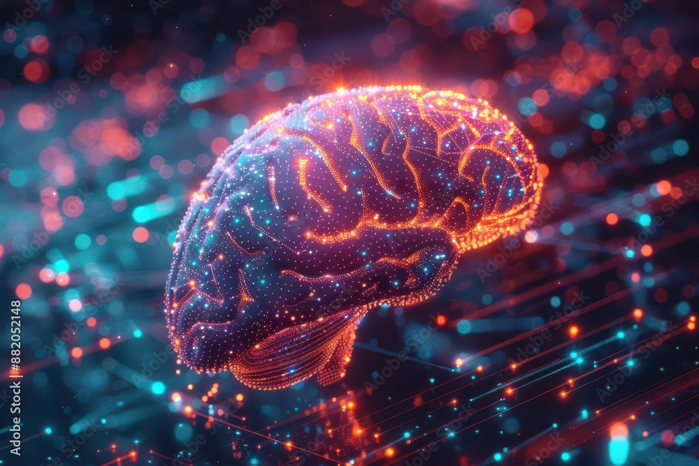 custom made wallpaper toronto digitalBrain anatomy with glowing neon neural networks and digital pathways, futuristic technology concept, detailed brain illustration