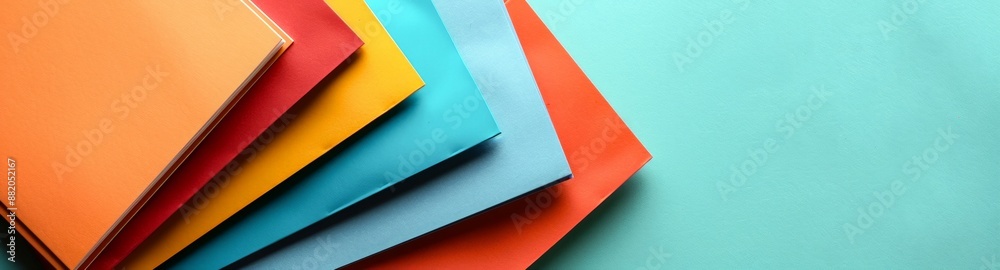 Fototapeta premium Top view vibrant Papers and folders stacked on top of each other on a simple blue background with copy space. Back to school. Banner, poster, Banner for blog, social media, shop.