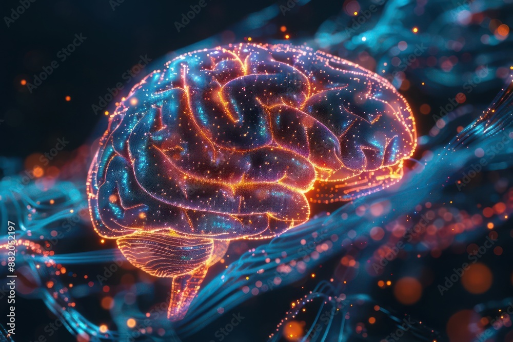 Fototapeta premium Brain anatomy with glowing neon neural networks and digital pathways, futuristic technology concept, detailed brain illustration