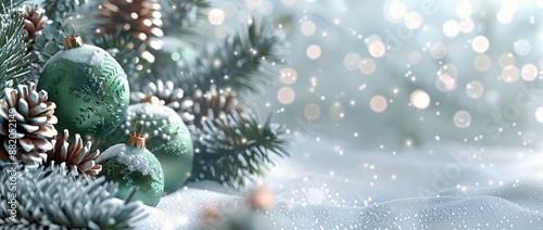 Evergreen Tree Branch With Pine Cones And Ornaments In The Snow