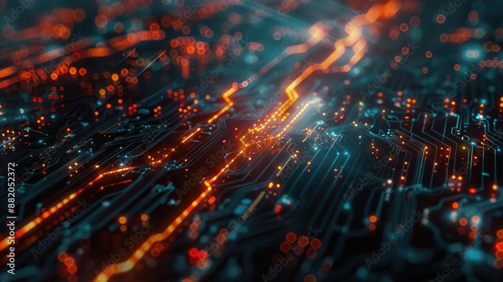 A detailed view of electronic components and wires on a circuit board A detailed view of electronic components and wires on a circuit board