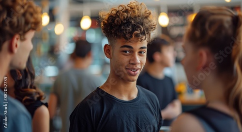 Young Woman Smiles at Two Men in a Bar at Night